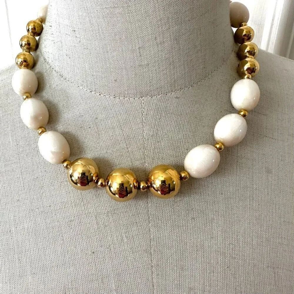 Napier gold tone and white beaded necklace